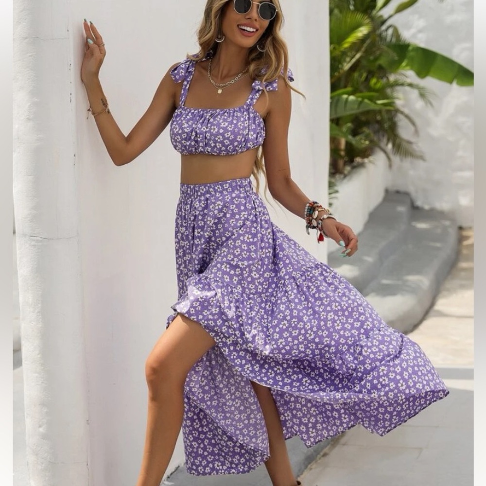 Purple floral top and skirt matching set